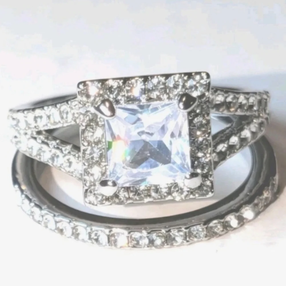 Womens 5ct Princess Cut Lab Created Diamond Halo Trio Wedding Ring Sz 7.5